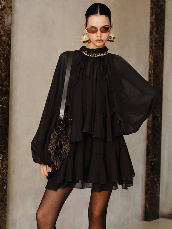 Commense Dresses & Skirts - Tiered Ruffle Chiffon Mini Dress Set with Liner